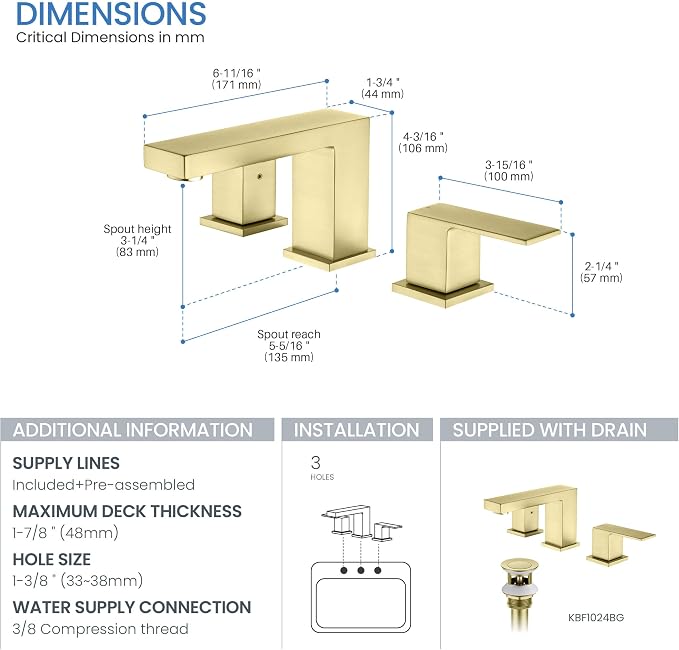 2-Handle Cube Bathroom Sink Faucet with Drain Assembly | 3-Hole Installation, Solid Brass Construction | 8-Inch Wide Spread Lavatory Faucet | Brushed Gold Finish, KBF1024