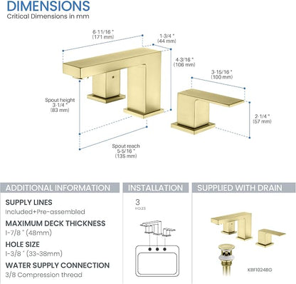2-Handle Cube Bathroom Sink Faucet with Drain Assembly | 3-Hole Installation, Solid Brass Construction | 8-Inch Wide Spread Lavatory Faucet | Brushed Gold Finish, KBF1024
