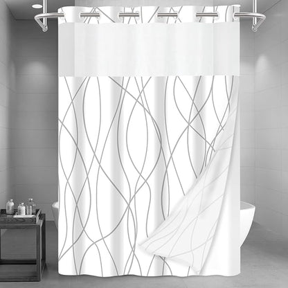 No Hook Grey White Striped Long Shower Curtain with Snap in Liner Set - Hotel Shower Curtain and Liner Set with See Through Mesh Top Window,Machine Washable, 71x86 INCH
