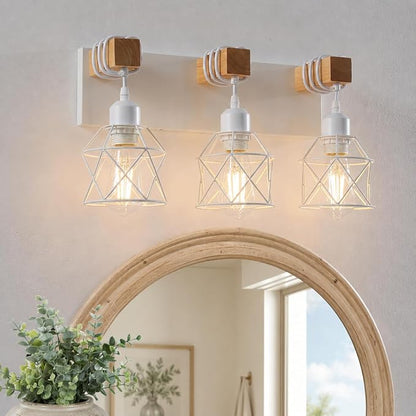 Farmhouse Vanity Light Fixture,3-Light Bathroom Lighting,White Modern Wood Wall Light Over Mirror with Metal Shade,Bulbs NOT Included