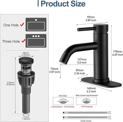 Black Bathroom Faucets, Single Hole Bathroom Sink Faucet Modern Single Handle Mixer Tap Washbasin Vanity Sink Faucet 1 Hole with 3 Hole Deck Plate, Pop Up Drain