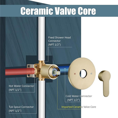 Aolemi Tub Shower Faucet Set With Valve Wall Mount Shower Trim Kit 6 Inch Bathtub Fixtures Rough-in Valve Single-Spray Shower Head System 5.3 Inch Tub Spout Brushed Gold Modern