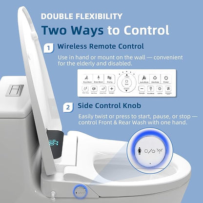 Heated Bidet Toilet Seat Elongated with LED Display & Remote Control - Smart Soft Close Toilet Seat Electric Bidet with Dryer, Warm Water, Feminine Wash, Self-Cleaning Nozzle, IPX4, White