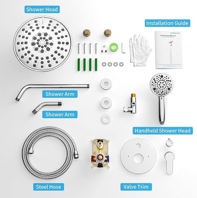 EMBATHER Shower Faucets Sets Complete with 3 Setting High Pressure Shower Head, Bathroom Wall Mounted Rainfall Shower Fixtures with 8-Mode Handheld Spray, Polished Chrome