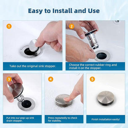 Hibbent 2 Pack Upgraded 3 in 1 Bathroom Sink Drain Strainer, Pop Up Sink Stopper with Big Cap, Anti-Clogging Metal Filter Basket,Sink Plug with Hair Catcher for 1.1''~2.36'' Basin, Brushed Nickel