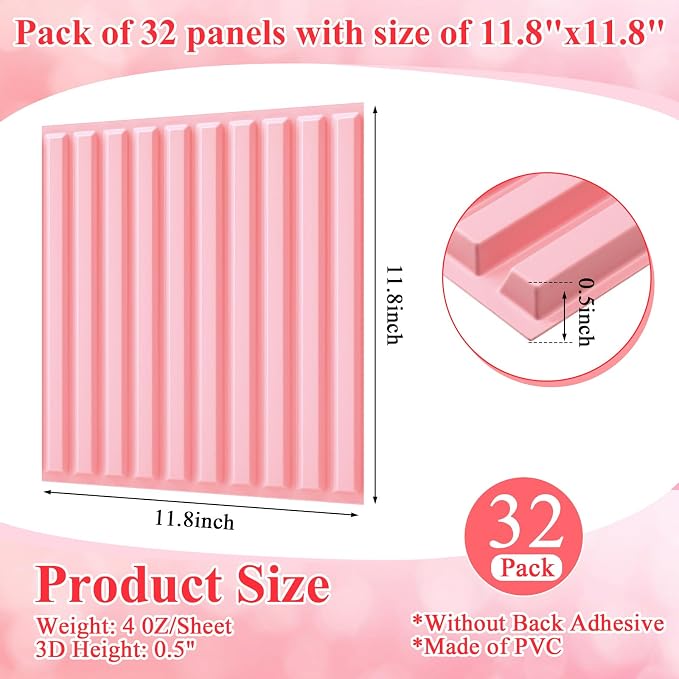 Nuanchu 32 Pcs 3D Wall Panels, 12"x12" PVC Fluted Tiles, Pink | Waterproof Accent Panels, Paintable Wall Tiles, for TV Background, Bedroom, Bathroom, Gaming Room, Cuttable Home DIY Decor
