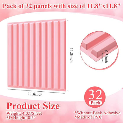 Nuanchu 32 Pcs 3D Wall Panels, 12"x12" PVC Fluted Tiles, Pink | Waterproof Accent Panels, Paintable Wall Tiles, for TV Background, Bedroom, Bathroom, Gaming Room, Cuttable Home DIY Decor