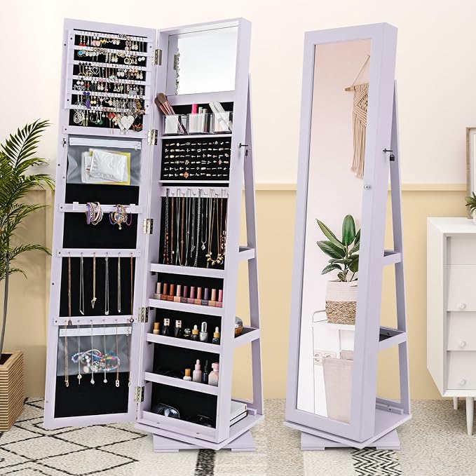 GOFLAME 360° Rotating Jewelry Armoire, Lockable Jewelry Cabinet with Full-Length Mirror & Inner Makeup Mirror, Standing Jewelry Storage Organizer with Rear Storage Shelves, Lavender