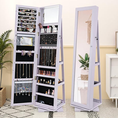 GOFLAME 360° Rotating Jewelry Armoire, Lockable Jewelry Cabinet with Full-Length Mirror & Inner Makeup Mirror, Standing Jewelry Storage Organizer with Rear Storage Shelves, Lavender