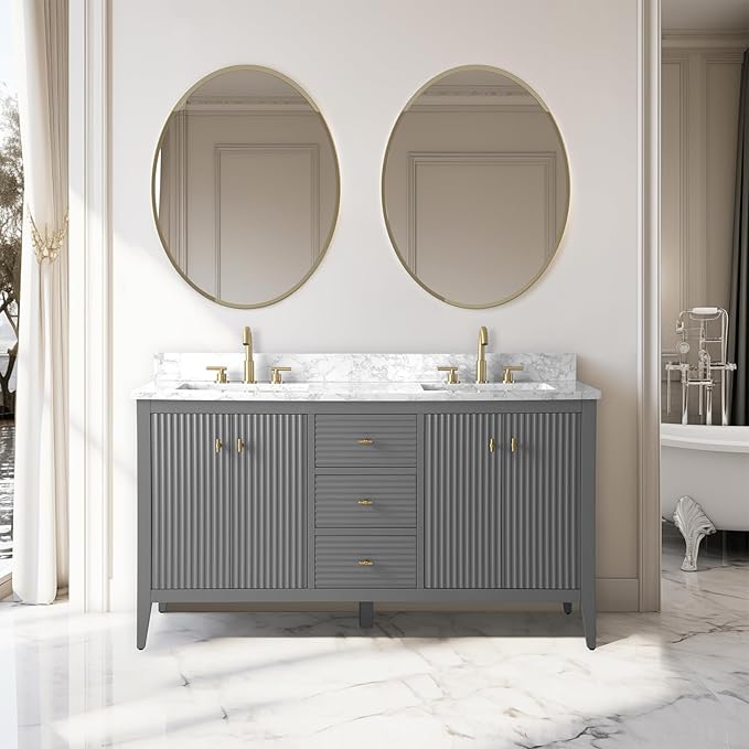 Vanity Art 60 inch Bathroom Vanity with Double Sink & Ceramic Top, Vanity Cabinet with Soft-Closing Door, Solid Wood Frame, Linear Pattern, Cashmere Gray, Golden Brushed Handware VA9160-DG-GB