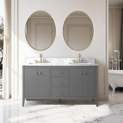 Vanity Art 60 inch Bathroom Vanity with Double Sink & Ceramic Top, Vanity Cabinet with Soft-Closing Door, Solid Wood Frame, Linear Pattern, Cashmere Gray, Golden Brushed Handware VA9160-DG-GB