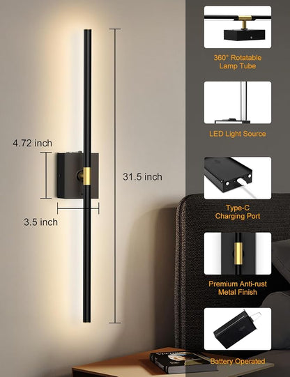Battery Operated Wall Sconces Set of 2, Wireless Rechargeable Wall Lights | 10000mAh, Remote Control, 4CCT Dimmable, 360° Rotation, Modern Home Decor for Living Room, Bedroom, Hallway, Picture Lighting