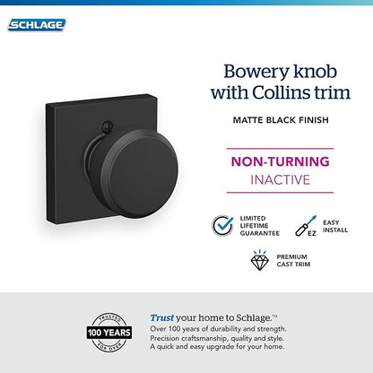 Schlage F170 BWE 622 COL Bowery Knob with Collins Trim Non-Turning Dummy Door Handle, Matte Black