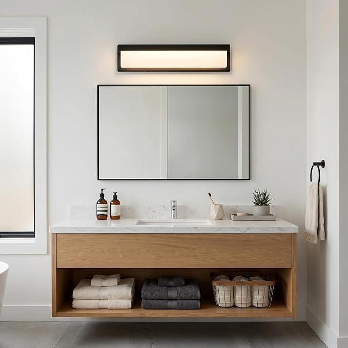 URSOLA LED Bathroom Vanity Light Fixture Over Mirror 16.5 inch Modern Rectangle Black Matte Metal Lighting Bar 4000K Daylight Wall Sconce (Black)