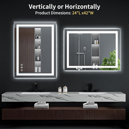 24"x42" LED Bathroom Mirror with Lights, Anti-Fog, Backlit+Frontlit | CRI 95, Stepless Dimmable, 3 Colors Lighting, Shatterproof Tempered Glass, HD Reflection, Memory, (Horizontal/Vertical)