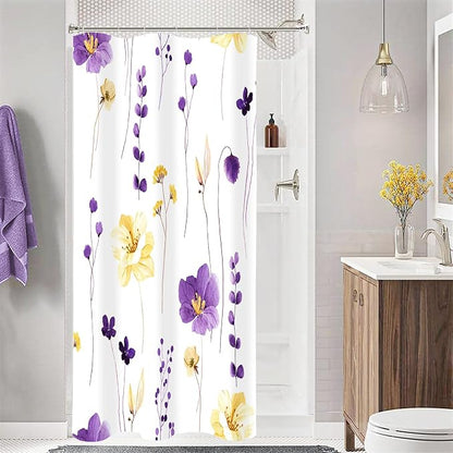 Purple Yellow Watercolor Floral Fabric Shower Curtain, 36x72 | Waterproof Fabric, Modern Minimalist Floral Print, Machine Washable, Rustproof Grommets, for Bath Home, Small Stall