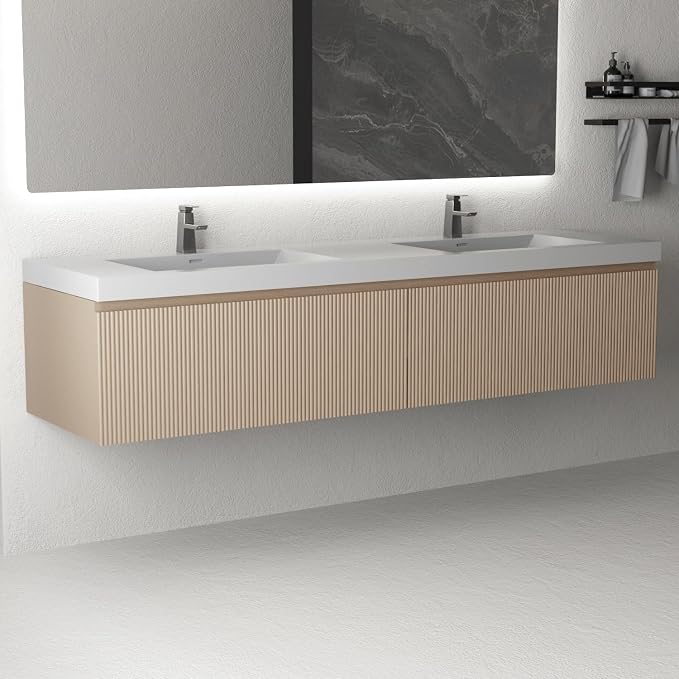 72 Inch Floating Bathroom Vanity with Double Sinks, Wall-Mounted Striped Storage Cabinet with Soft-Close Drawer, Glossy White Solid Surface Basin, Fully Assembled, Natural Oak Finish