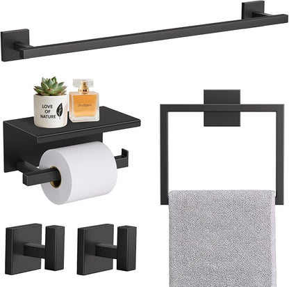TURS 5-Pieces Matte Black Bathroom Hardware Accessories Set 23.6" Towel Bar Set Wall Mounted Square Toilet Paper Holder with Shelf Stainless Steel