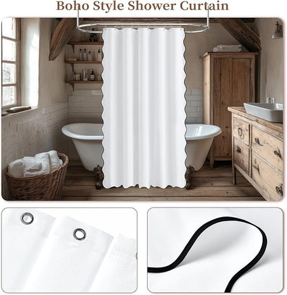 BTTN 54x78 Boho Scalloped Linen Textured Cloth Shower Curtain Set, White | Narrow Long Size, 230GSM Waterproof Polyester, Heavy Duty Fabric, 10 Plastic Hooks, Elegant Farmhouse Style, Machine Washable