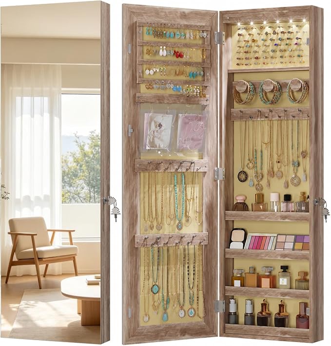 LVSOMT Over The Door Jewelry Organizer, 6 LED Wall Mounted Jewelry Cabinet | Lockable 42.5" Full Length Mirror with Jewelry Storage, Hanging Jewelry Mirror Cabinet, Jewelry Armoire for Women, Wood