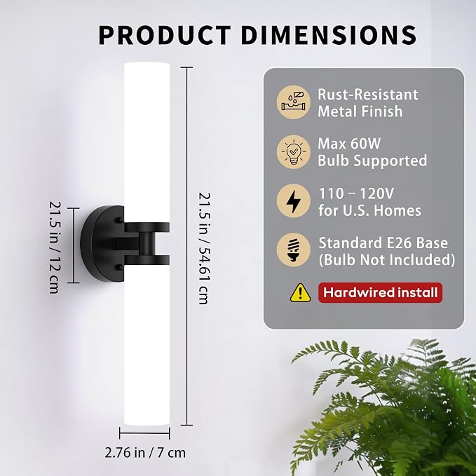 Wall Sconces Set of 2 Hardwired Bathroom Light Fixtures E26 Base | Matte Black, 22Inch, Modern Vanity Wall Lighting with Milky White Glass Shade, for Mirror Hallway Bedroom Living Room TV Wall