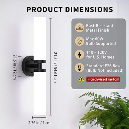 Wall Sconces Set of 2 Hardwired Bathroom Light Fixtures E26 Base | Matte Black, 22Inch, Modern Vanity Wall Lighting with Milky White Glass Shade, for Mirror Hallway Bedroom Living Room TV Wall