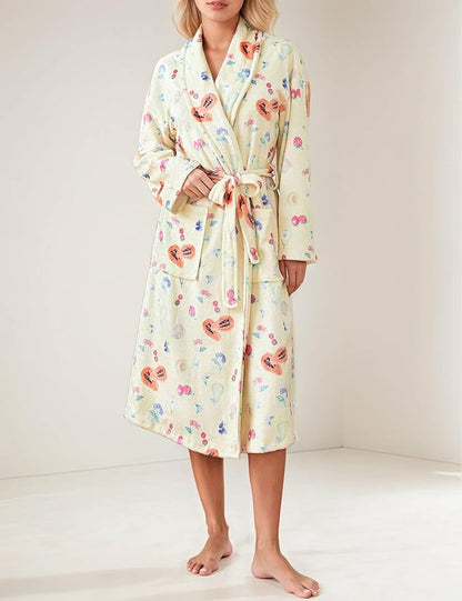 Women Fleece Fruit Print Robe Cute Robes for Women Spring Summer Lightweight Bathrobe Soft Flannel Gown with Belt