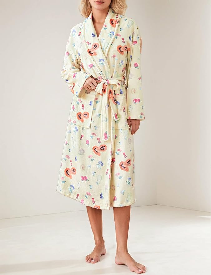 Women Fleece Fruit Print Robe Cute Robes for Women Spring Summer Lightweight Bathrobe Soft Flannel Gown with Belt