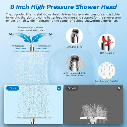 Hibbent High Pressue All Metal 8" Rainfall Shower Head, Handheld 10-Spray | cUPC Certified Chrome Dual Showerhead Combo, 4-way Diverter with Pause Mode, Brass Extension Arm, 71'' Shower Hose & Holder