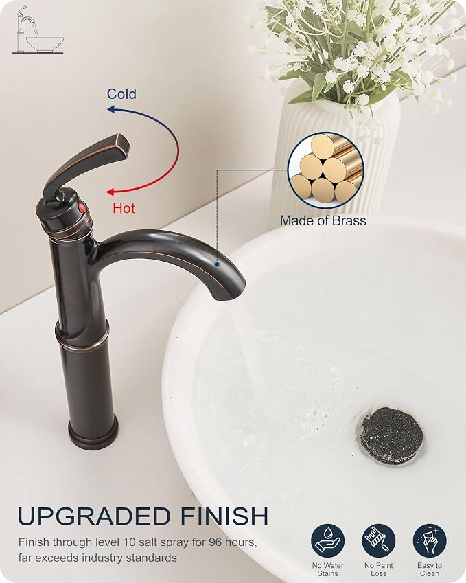 Brass Vessel Sink Faucet Oil Rubbed Bronze, 12.6 Inch Tall Bathroom Faucet 1 Hole, Single Handle with Pop Up Drain, cUPC Supply Line and Aerator for Farmhouse, Countertop Basin, 5 Mins Install