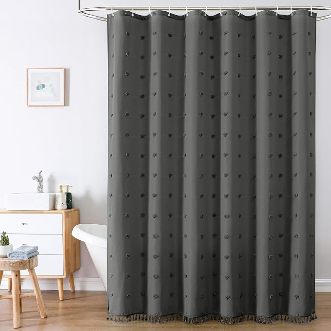 LilyCat Grey Farmhouse Tufted Floral Shower Curtain with Tassel, 72" x 72" | Waterproof Boho Fabric Shower Curtain Set with Hooks, Cute Rustic Vintage Bathroom Décor, Minimalist Cloth Bathroom Curtain
