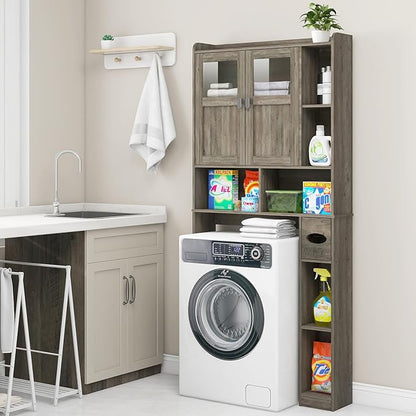 Vabches Over The Toilet Storage Cabinet, Bathroom Shelf Over Toilet with Glass Doors and Adjustable Shelves, Grey Freestanding Home Space Save Toilet Rack, for Restroom, Bathroom, Laundry