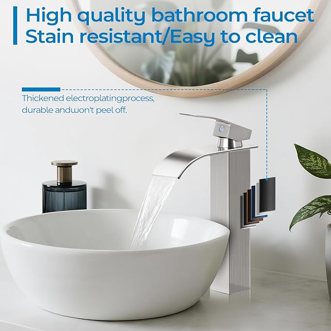 Nickel Bathroom Faucets, Tall Waterfall Bathroom Sink Faucet Modern Single Handle Bathroom Faucte 1 Hole, Tall Spout Vessel Faucet Mixer Tap Washbasin Faucet with Pop-up Drain, Supply Hoses