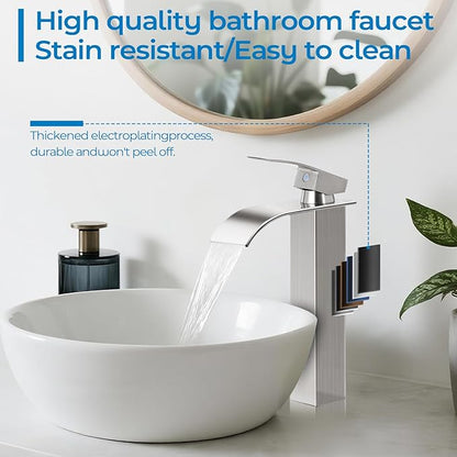 Nickel Bathroom Faucets, Tall Waterfall Bathroom Sink Faucet Modern Single Handle Bathroom Faucte 1 Hole, Tall Spout Vessel Faucet Mixer Tap Washbasin Faucet with Pop-up Drain, Supply Hoses