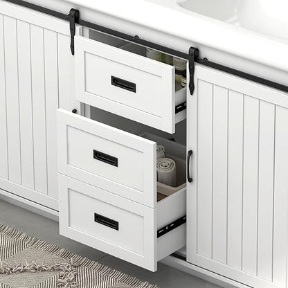 Bathroom Vanity with Double Sinks, 48" Standing Double Vanity with Drawers & Metal Handles, 2 Sink Bathroom Vanity with 4 Shelves, White