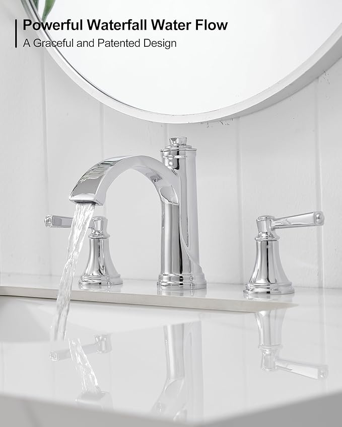 Waterfall Chrome Bathroom Faucet 3 Hole, Brass 4-16 Inch Widespread Bathroom Sink Faucet with Pop Up Drain, cUPC Supply Lines and 2 Handles for Vanity, Restroom, 10 Min Install