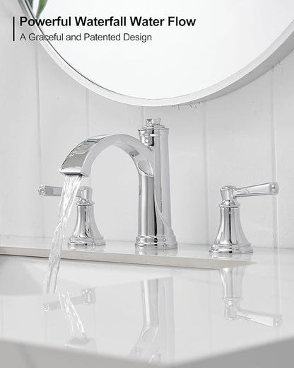 Waterfall Chrome Bathroom Faucet 3 Hole, Brass 4-16 Inch Widespread Bathroom Sink Faucet with Pop Up Drain, cUPC Supply Lines and 2 Handles for Vanity, Restroom, 10 Min Install