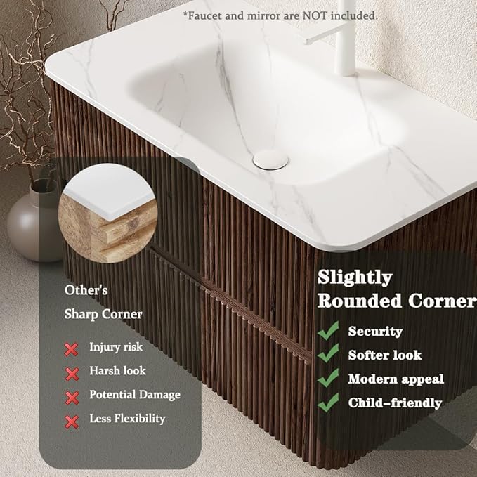 36" Floating Bathroom Vanity with Sink, Wall Mounted Modern Bathroom Cabinet with 2 Soft Close Drawers, Oak & Plywood, Pre-Assembled with Carrara White Basin – Bruges, Retro Walnut/S