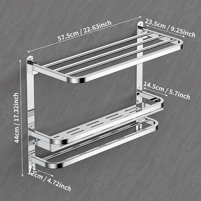 CAXIMSY Towel Rack with Shelf, 22.63" Bathroom Shelf with Double Towel Bars Stainless Steel, Wall Mounted, Foldable Top, 2 Hooks, Adhesive/Screw Install, Space-Saving for Small Bathrooms & Apartments