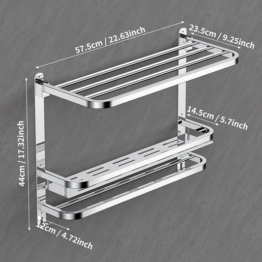 CAXIMSY Towel Rack with Shelf, 22.63" Bathroom Shelf with Double Towel Bars Stainless Steel, Wall Mounted, Foldable Top, 2 Hooks, Adhesive/Screw Install, Space-Saving for Small Bathrooms & Apartments