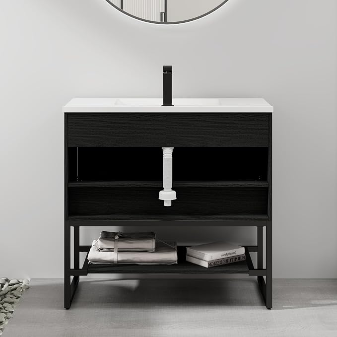 LUCKWIND 36" Modern Bathroom Vanity with Single White Sink Combo, Freestanding Storage Cabinet with Metal Frame, Matte Black Faucet and Open Shelf and 2 Soft-Closing Door, Black