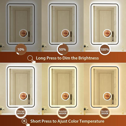 24x36 Inch Black Framed LED Bathroom Mirror with Lights,Magnifying Tempered Glass, Dimmable Lighted Bathroom Vanity Mirror with 3 Colors, Backlit + Frontlit,Anti-Fog
