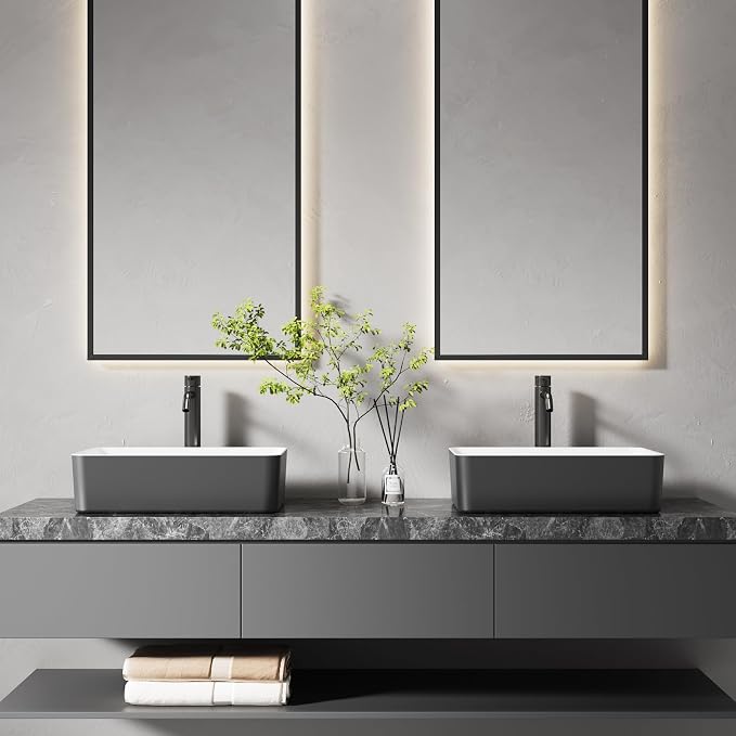 19"x15" Black & White Rectangle Ceramic Vessel Bathroom Sink | Modern Rectangular Countertop Sink Crafted from Durable Ceramic, Compatible with Vessel Sink Faucets, Smooth Two-Tone Finish