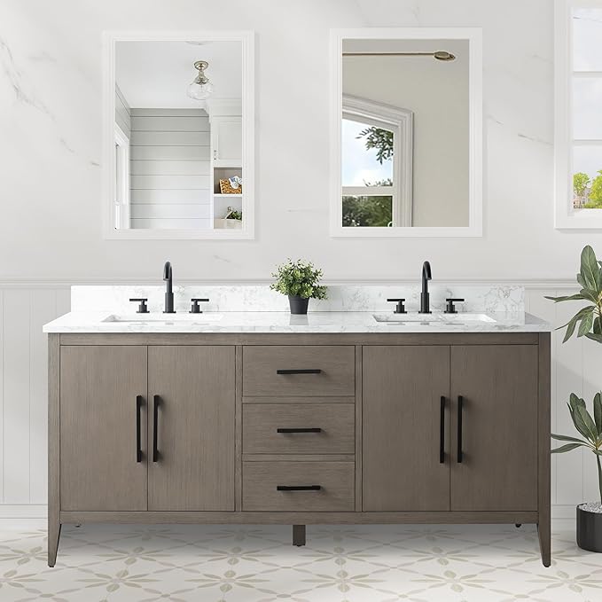 HomeBeyond 72 Inch Bathroom Vanity with Sink & Ceramic Top, Double Vanity Cabinet with Basin, Soft-Closing Doors & Matte Black Hardware, Driftwood Gray