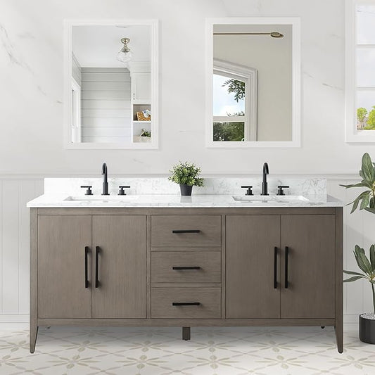 HomeBeyond 72 Inch Bathroom Vanity with Sink & Ceramic Top, Double Vanity Cabinet with Basin, Soft-Closing Doors & Matte Black Hardware, Driftwood Gray