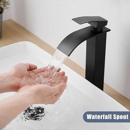RUMOSE Tall Bathroom Faucet Matte Black Vessel Sink Faucet with Pop Up Drain Modern Single Handle One Hole Waterfall Vanity Tap, Stainless Steel