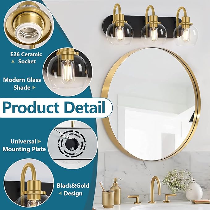 Modern 3-Light Vanity Light, Bathroom Lighting Fixture Over Mirror With Clear Glass Shade and Metal Base, Wall Sconces in Matte Black and Gold