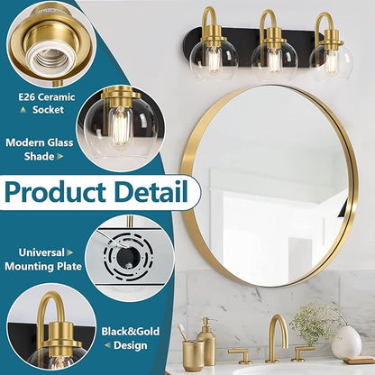 Modern 3-Light Vanity Light, Bathroom Lighting Fixture Over Mirror With Clear Glass Shade and Metal Base, Wall Sconces in Matte Black and Gold