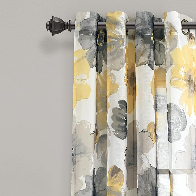 Lush Decor Leah Floral Sheer Window Curtain Panels Pair 52"W x 84"L Yellow & Gray - Floral Curtains for Bedroom - Sheer Curtains for Living Room