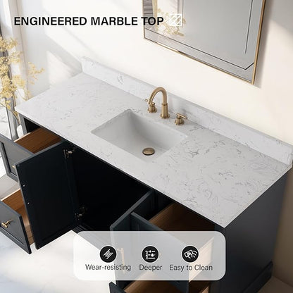 HOMEBEYOND 60 Inch Bathroom Vanity with Single Sink & Ceramic Top, Vanity Cabinet with Center Countertop Basin, Soft-Closing Doors, Backsplash, Vintage Spruce Blue